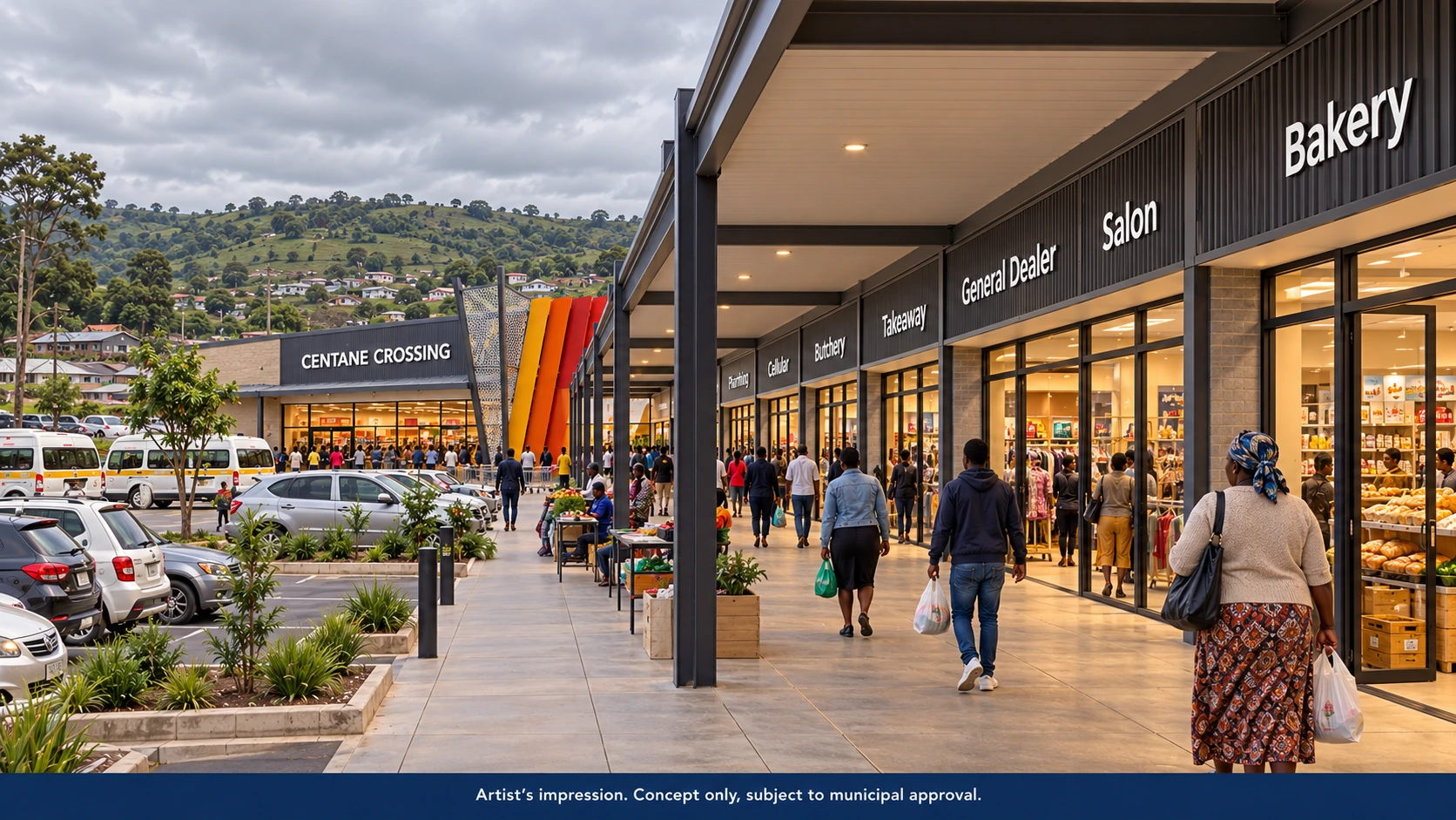 Centane concept: covered walkway with line shops, local shoppers and trader space