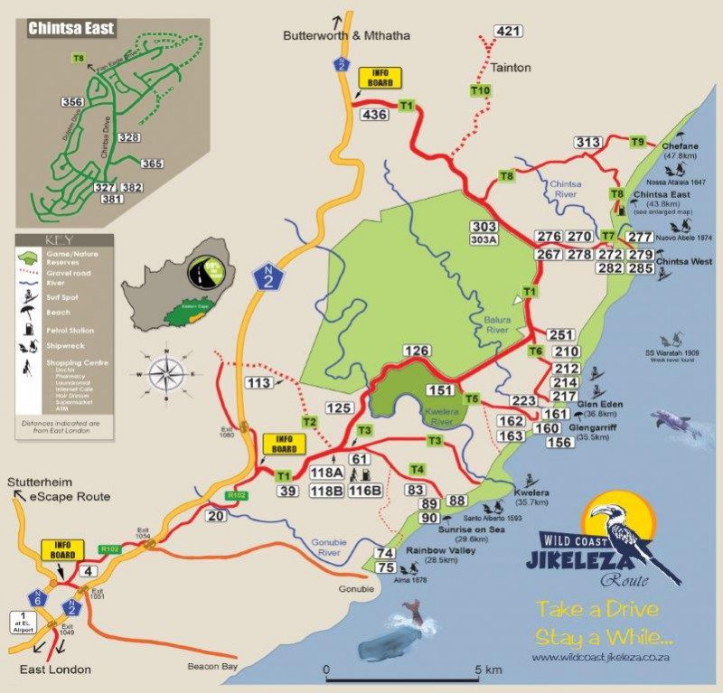 Supplied Wild Coast Jikeleza tourism route map around East London, Gonubie and Chintsa