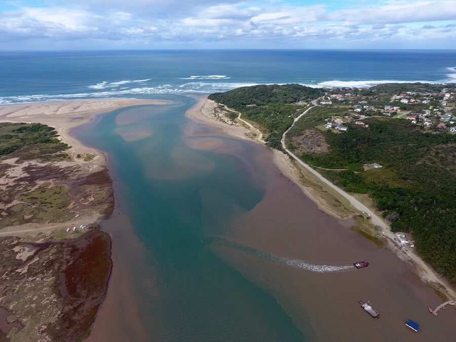 Aerial view of the Kei River Mouth, beach and ferry crossing